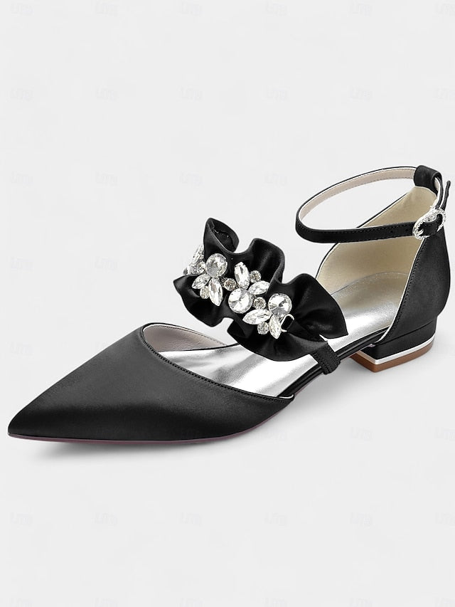 with Pointed-Toe Black Satin Women's Rhinestone Flats