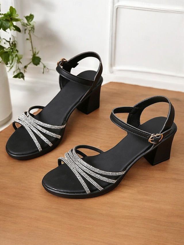 Heel - Comfortable Rhinestones with Block Sandals Strappy Black