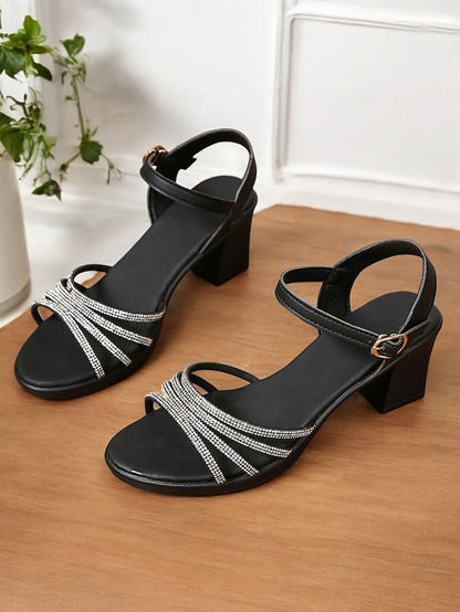 with Comfortable Sandals - Black Heel Block Strappy Rhinestones