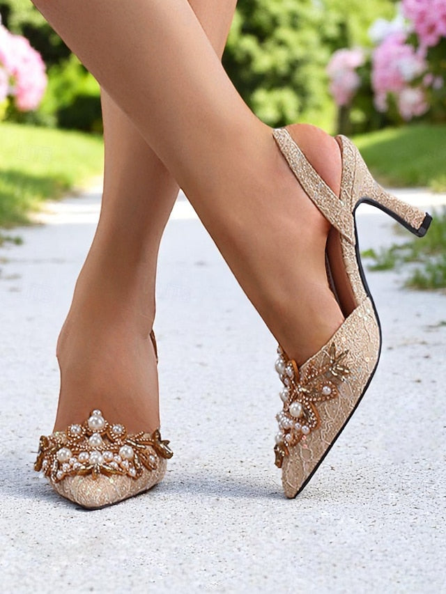 Black with Women's - Slingback Heels Detailing Pearl Satin