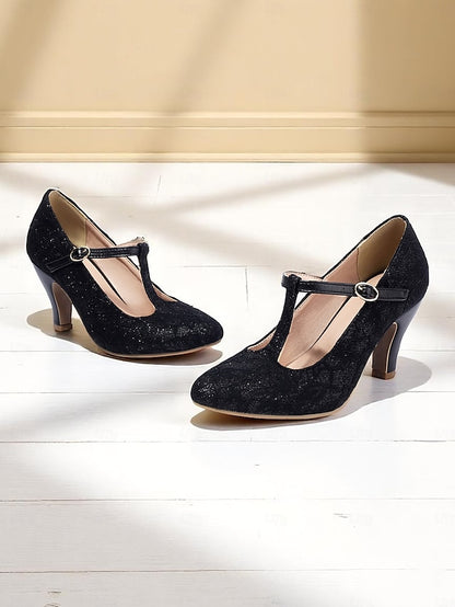 Ivory Heel Women's Pumps-1920s T-Strap Lace Vintage Mid