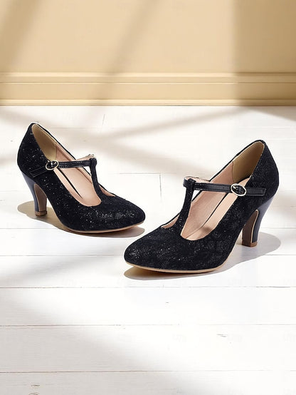 Vintage Heel Lace T-Strap Ivory Mid Women's Pumps-1920s