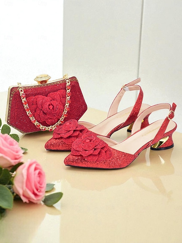 Heels Slingback and Women's Glitter Clutch Evening Matching