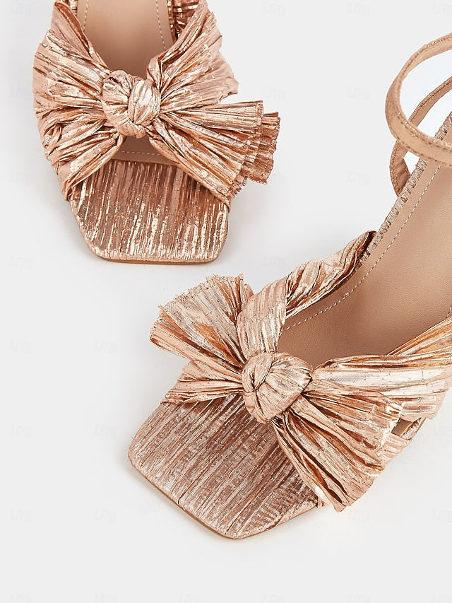 Detail and Rose Block with Heel Gold Knot Textured Sandals