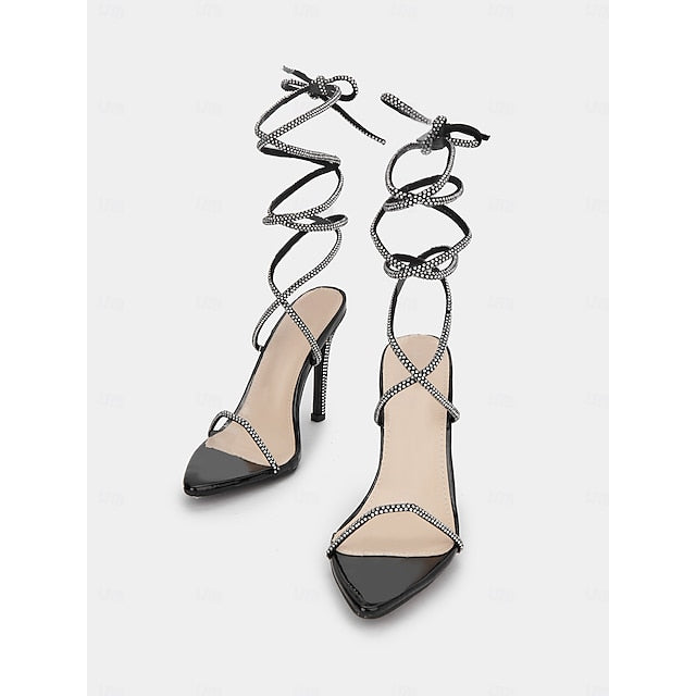 Lace-Up Rhinestone Sexy Stiletto Sandals Black – Women's