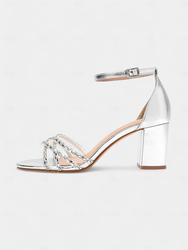 Silver Rhinestone Sandals Heel with Block Metallic Strappy