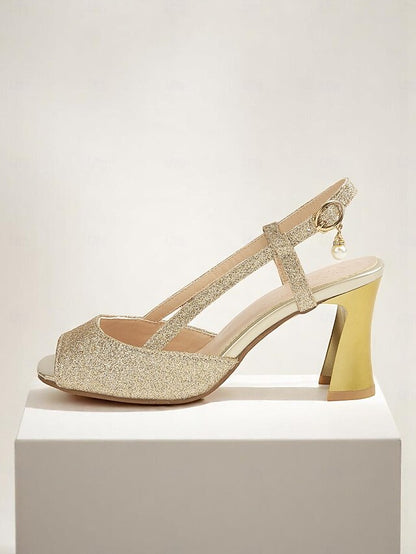 Slingback - Women's Gold Heels Glitter Sparkly Open-Toe