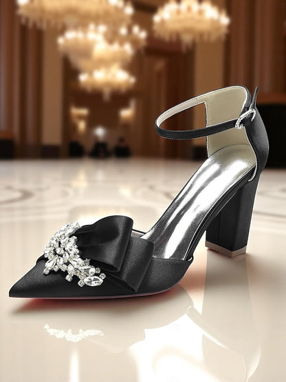 Bow Block Pumps Satin Heel and with Crystal Women's