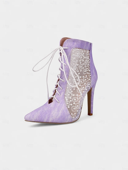 Ankle Mesh Heels Lace Booties Women's Stiletto White with