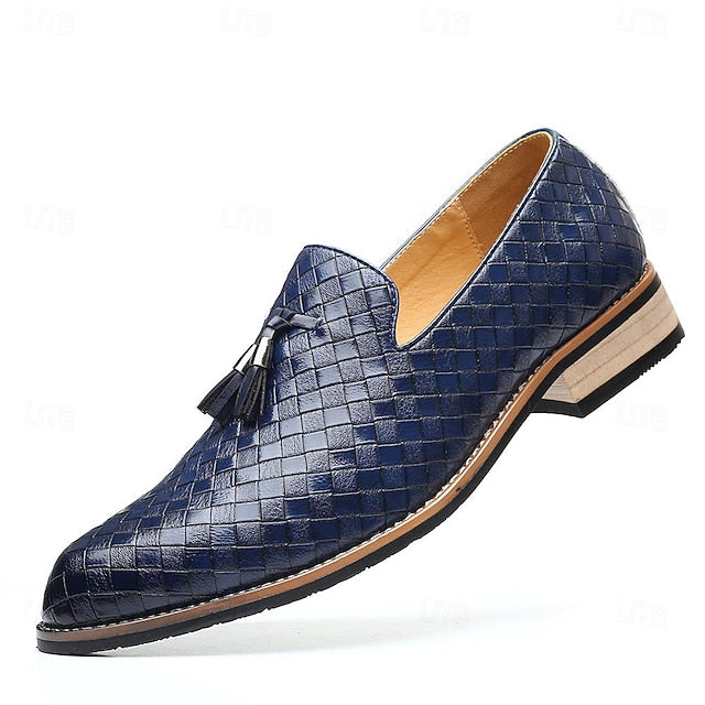 with Tassel Leather Faux Detail Men's Loafers Woven Black