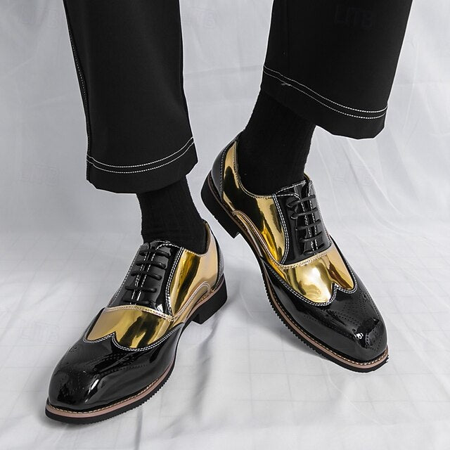 Men's and Leather Black Patent Gold Oxford with Shoes