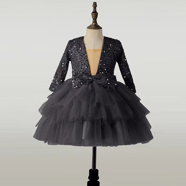 Sleeve Girls' Party Kids Sequin Long Performance Dress