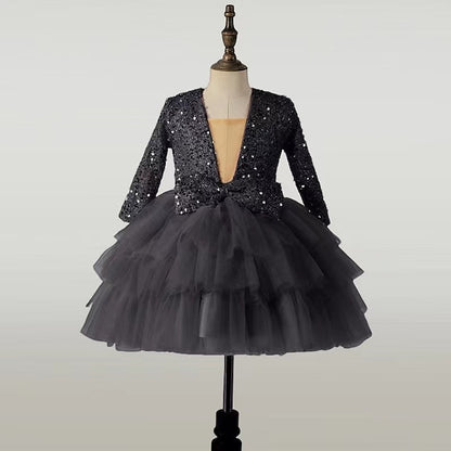 Sleeve Girls' Party Kids Sequin Long Performance Dress