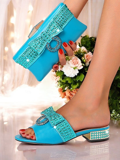 Clutch Matching with Gold Bow – Sandals Rhinestone Flat