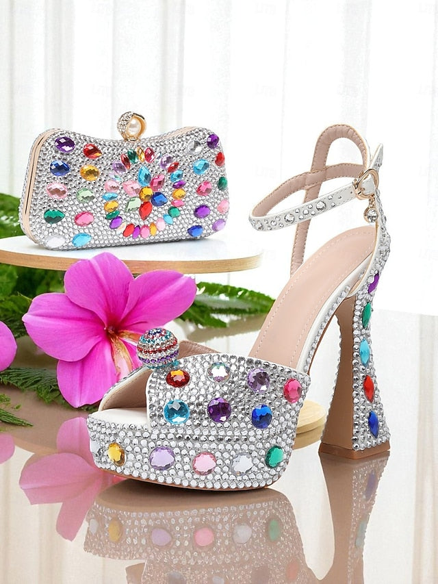 Platform Heel Sandals High with Matching Women's Rhinestone