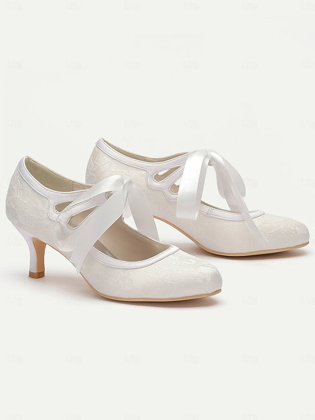 Vintage Ribbon White Bridal - Satin Lace with Ties Pumps Elegant