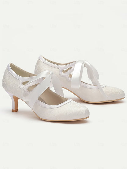 Vintage Ribbon White Bridal - Satin Lace with Ties Pumps Elegant