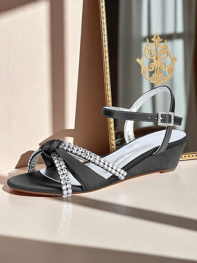 Satin Rhinestone Green - Women's Knot Wedge Sandals