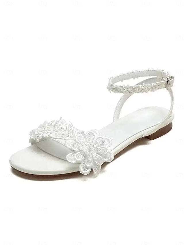 White Sandals Open-Toe Block Lace Straps Floral with Ankle Flats