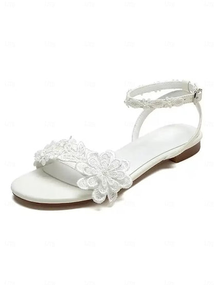 White Sandals Open-Toe Block Lace Straps Floral with Ankle Flats