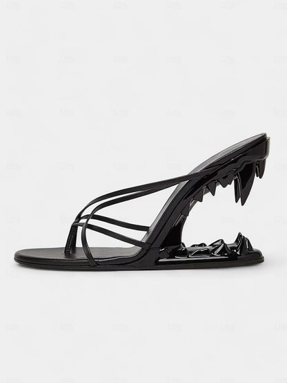 Sandals with Sculpted Design Unique Heel Metallic Flat - Gold