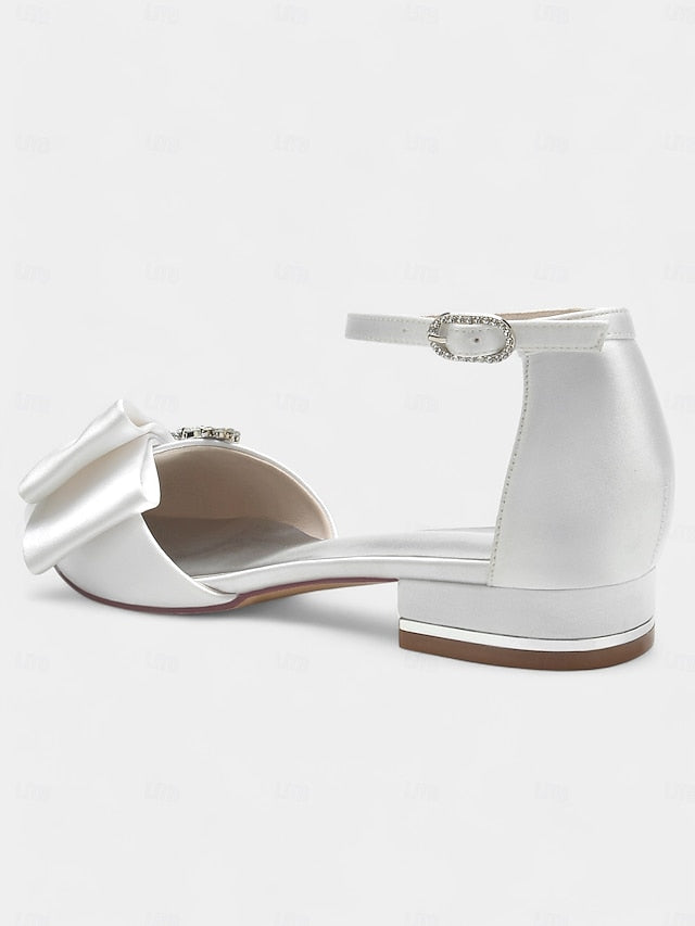 Pointed-Toe White Rhinestone Bow Heels with Ankle Satin and