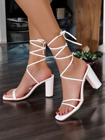 Heel Clear Heels White with Block Women's Lace-Up Strappy