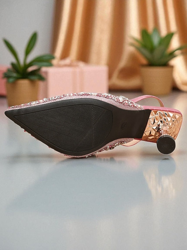 Toe Heels Pink Pointed Rhinestone - Party Women's Slingback