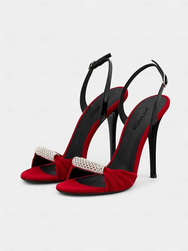 Accent Rhinestone Stiletto Red Bold – Velvet Heels with