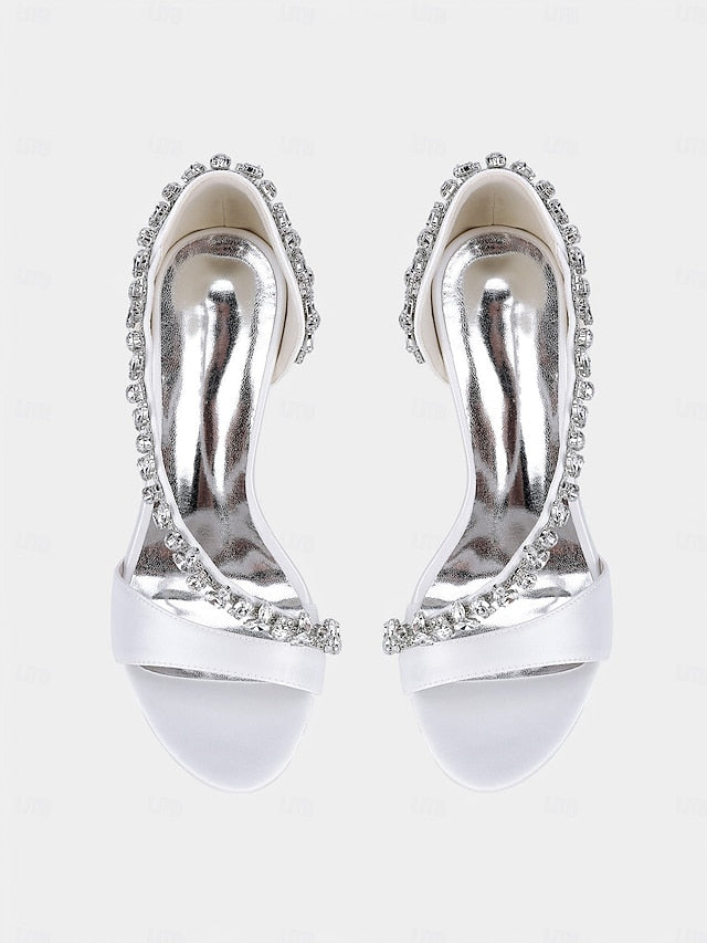 Champagne Satin – Women's with High Heels Crystal T-Strap