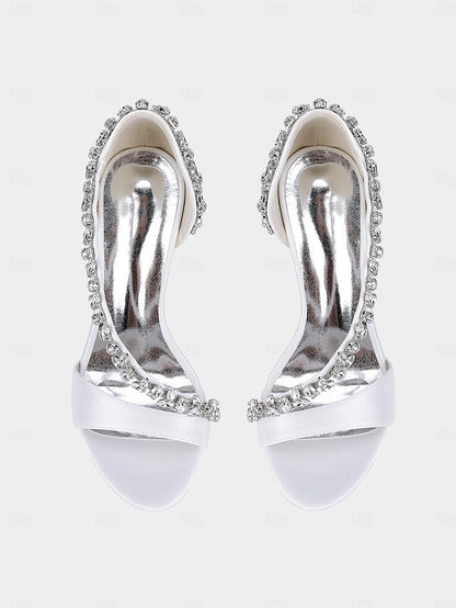 Champagne Satin – Women's with High Heels Crystal T-Strap