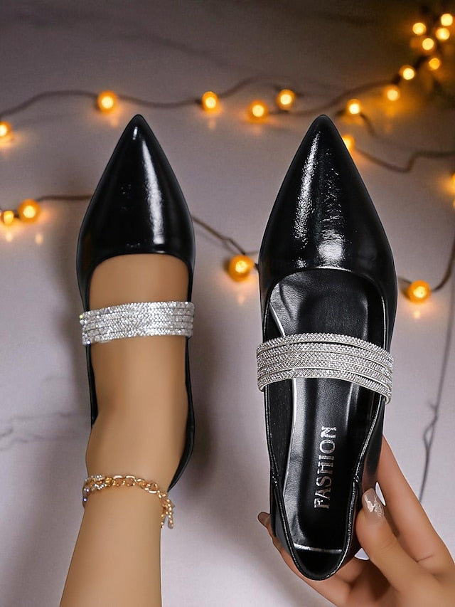 Black Elegant Pointed Women's Toe Flats Patent Leather -