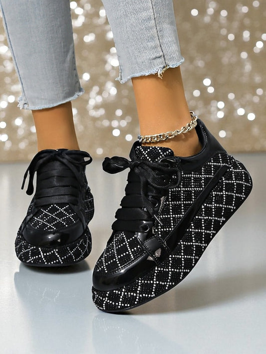 Quilted Women's Sneakers - Black Rhinestone Silver and
