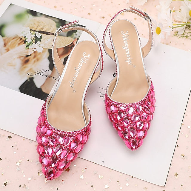 Heels Women's Crystal Slingback High Rhinestone Pointed-Toe