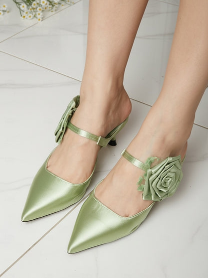 Satin Floral with Pointed Ankle Heels Toe Women's Green