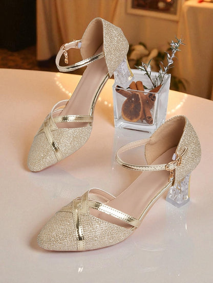 Gold - Strap Women's Pumps Glitter Heel Elegant Ankle Block