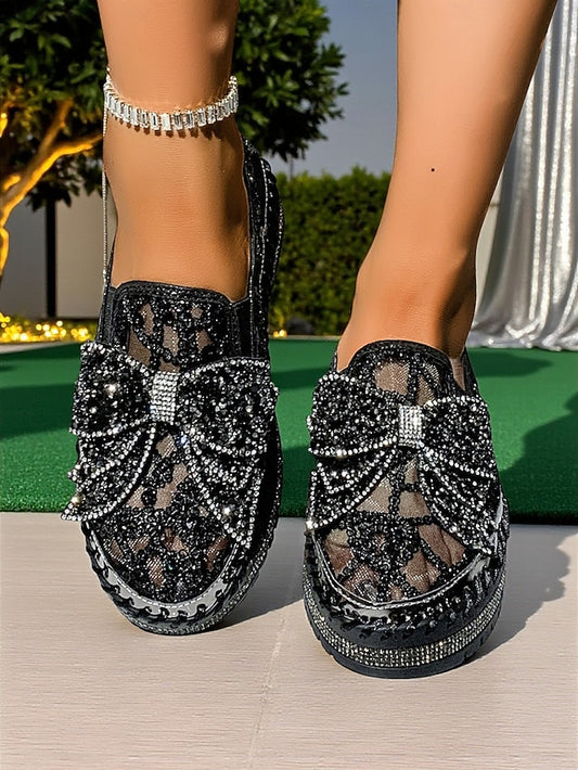 Black Lace Shoes Rhinestone Bow with Slip-On Women's