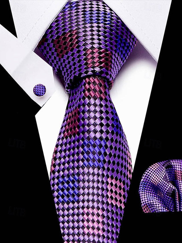 Men's Silk Checkered Square and Set Pocket Purple Tie –