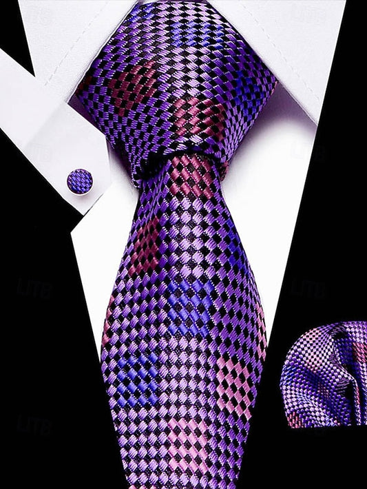 Men's Silk Checkered Square and Set Pocket Purple Tie –