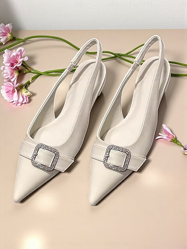Satin Slingback with Women's Rhinestone Pink Flats Buckle