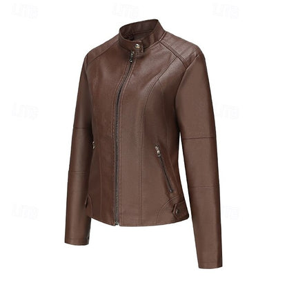 Zipper Jacket Pocket Faux Leather Women's Comfortable
