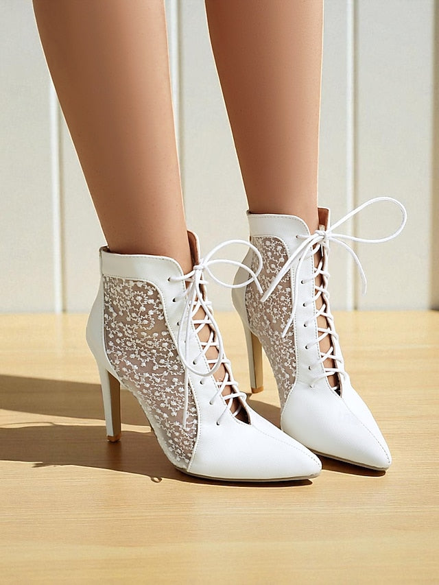 Ankle Mesh Heels Lace Booties Women's Stiletto White with