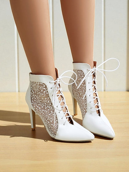 Ankle Mesh Heels Lace Booties Women's Stiletto White with