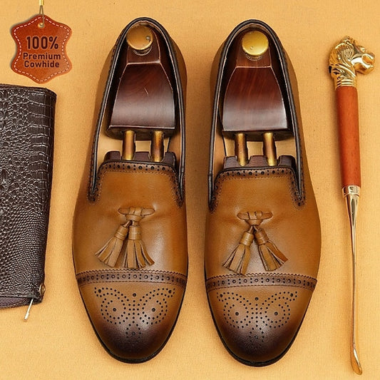 Wholesale SampleMen's Brown Leather Tassel Loafers with Brogue Detailing,