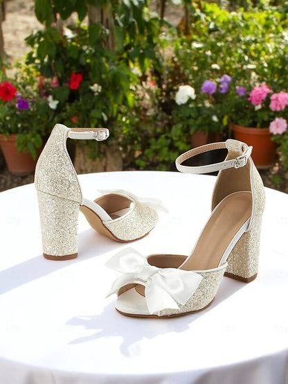 Ankle Glitter Heel Block Sandals Women's Wedding with White