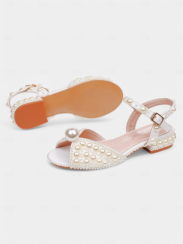 Pearl-Embellished Women's Sandals Low Heel – White