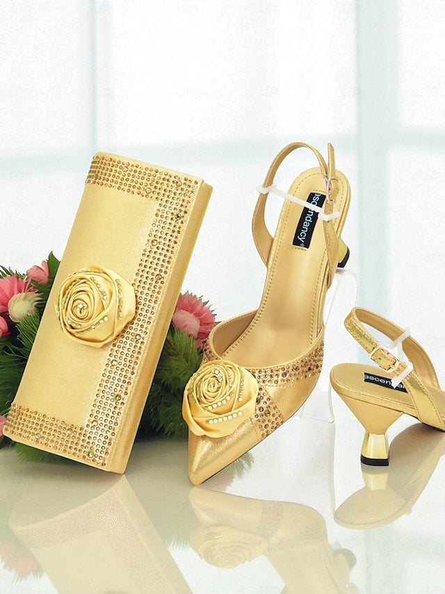 Gold Matching Slingback and Clutch Set Women's Heels -