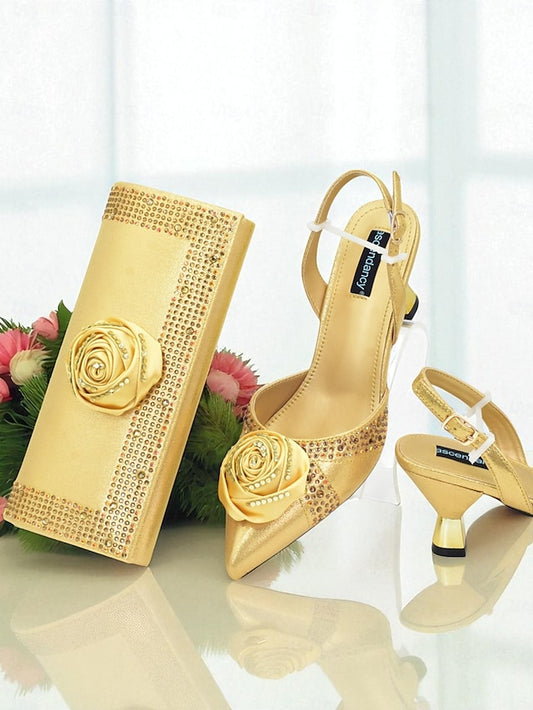 Gold Matching Slingback and Clutch Set Women's Heels -