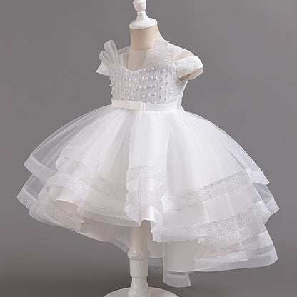 Sleeve Girls' Party Color Wedding Dress Kids Solid Short