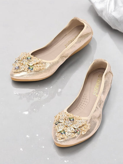 Flats with Women's Foldable Crystal Glitter Gold